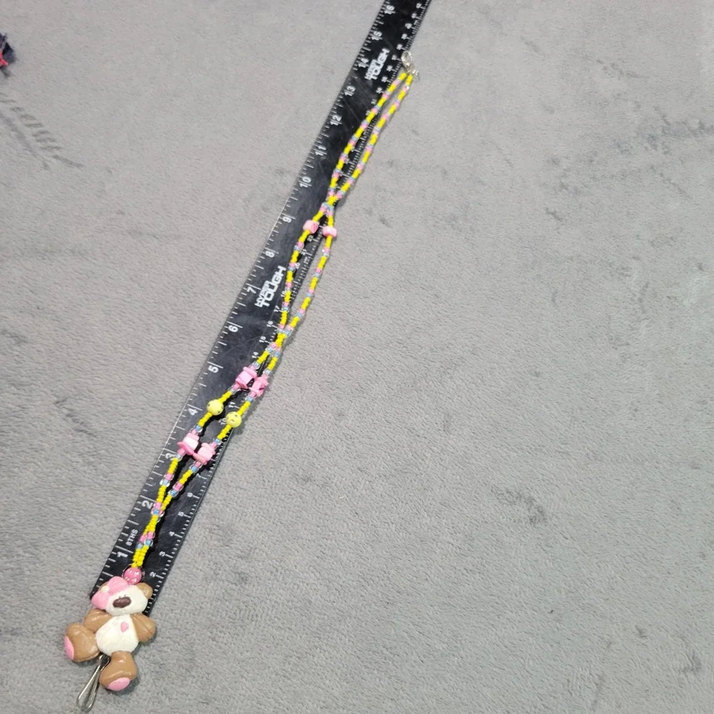 Lanyard Women OS Yellow Pink Beaded‎ Teddy Bear Clay Charm Kidcore Cute Kawaii
